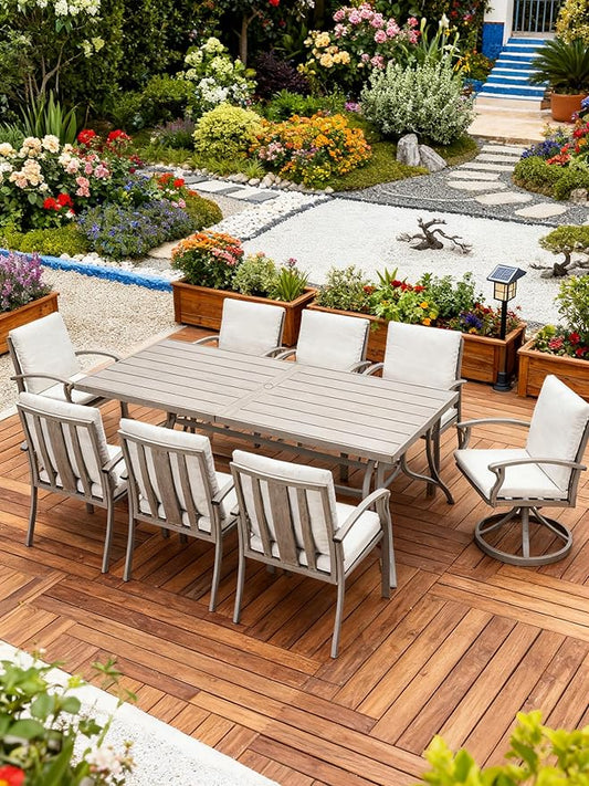 SEEHILL Patio Dining Table for 8, Aluminum Outdoor Dining Table with Umbrella Hole, 84" x 38.6" Rectangular Patio Table for Outside, Outdoor Patio Table for Deck, Garden Poolside, Limed Oak