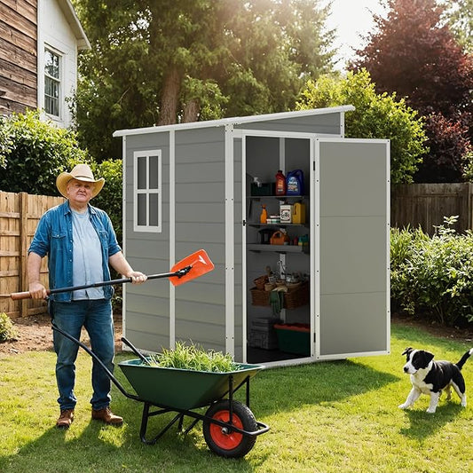 Greesum 5' x 4' Resin Weather Resistant Outdoor Storage Shed with Floor for Garden,Backyard,Pool Tool, Light Grey