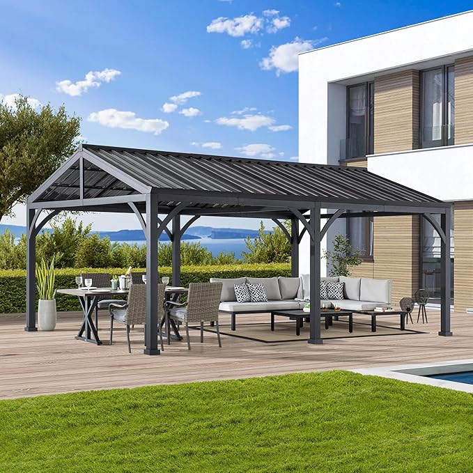 SUNJOY Carport 14 ft. x 20 ft. Hardtop Gazebo Heavy Duty Garage Car Shelter with Brown Powder-Coated Steel Roof/Black Frame and 2 Ceiling Hooks, Shade for Backyard, Patio Lawn and Garden