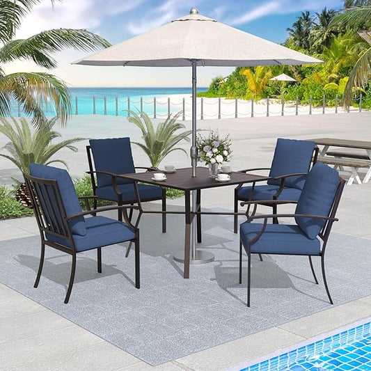 5-Piece Outdoor Patio Dining Set，4pcs Mental Chairs and 38’’ Round Dining Table with Umbrella Hole for Patio, Deck, Yard，Garden, Dark Blue