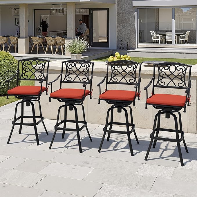 Crestlive Products Outdoor Bar Stools with Sunbrella Cushion Set of 4, 360° Swivel Patio Bar Height Chairs, All Weather Heavy Duty Commercial Grade Furniture, Antique Brown Finish for Outside (Red)