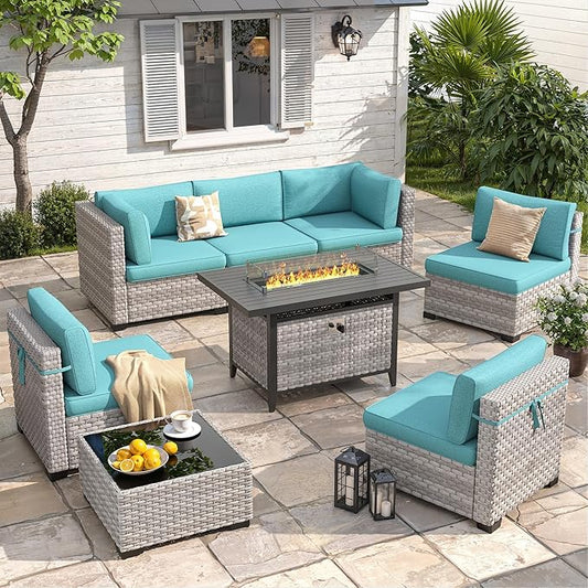 6-Seat Modern Outdoor Wicker Rattan Patio Furniture Set with 55,000 BTU Fire Pit Table, Thick 4″ Cushions, All-Weather Dual-Strand Rattan, Rust-Resistant Steel Frame,Blue