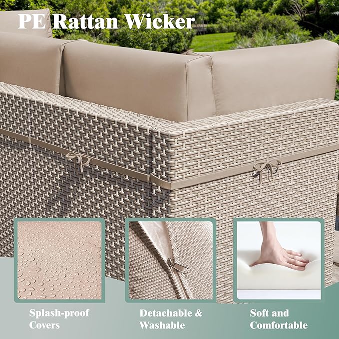 14 Pieces Patio Furniture Set, Outdoor Sectional Wicker Sofa with Thick Cushions and Storage Coffee Table, Rattan Patio Conversation Sets for Deck Yard Poolside, Khaki