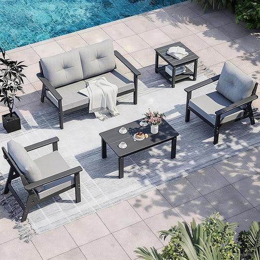 6-Piece HDPE Patio Furniture Set, Wood Grain Long Coffee Table and Small 2-Tier Side Table, All Weather Outdoor Couch with Dust-Free Cushions, Durable Patio Conversation Sets for Balcony, Porch, Gray