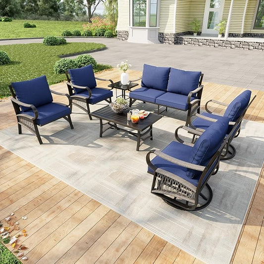 7 Pieces Modern Patio Furniture Set, All Weather Metal Outdoor Conversation Sets with 5.1" Extra Thick Cushion for Backyard Garden Deck Porch Poolside, Blue