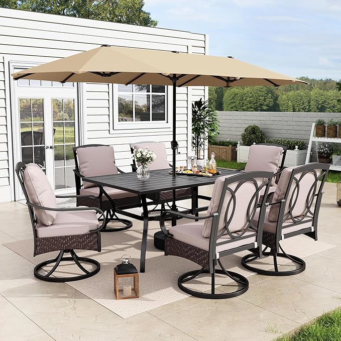 MFSTUDIO Outdoor Dining Sets for 6 with Umbrella, 60'' Metal Dining Table and Swivel Chairs with Umbrella, Large Patio Dining Furniture Set with Swivel Chairs & 13ft Umbrella (Beige)