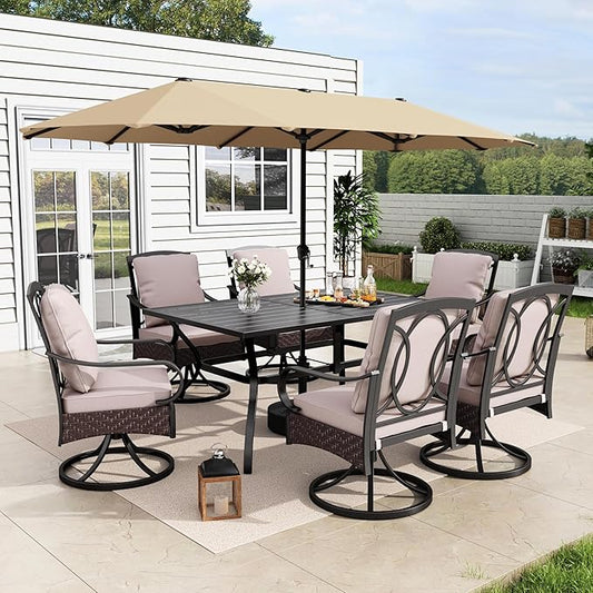 MFSTUDIO Outdoor Dining Sets for 6 with Umbrella, 60'' Metal Dining Table and Swivel Chairs with Umbrella, Large Patio Dining Furniture Set with Swivel Chairs & 13ft Umbrella (Beige)
