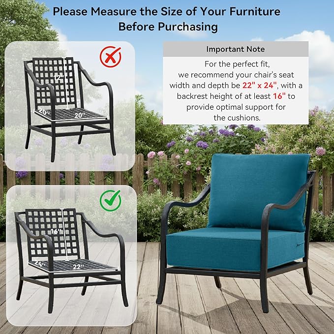 6" Thick Outdoor Cushions 22x24x6, 1-Set Deep Seat Patio Cushions with Removable Cover, Waterproof & Fade Resistant Replacement for Wicker Chair, Loveseat, Sofa - Peacock Green