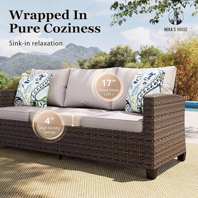 HERA'S HOUSE Wicker Patio Furniture Set, Outdoor Sectional Conversation Sets, 6 Pieces 9 Seats Outside Sofa Set for Lawn Backyard