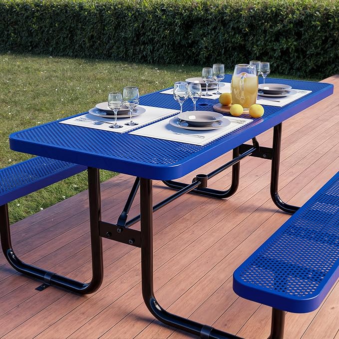 OUTTANS Commercial Heavy-Duty Metal Picnic Table - ADA Compliant, Adjustable Seats, Umbrella Hole (Blue, 8' Rectangular, Punched Steel)