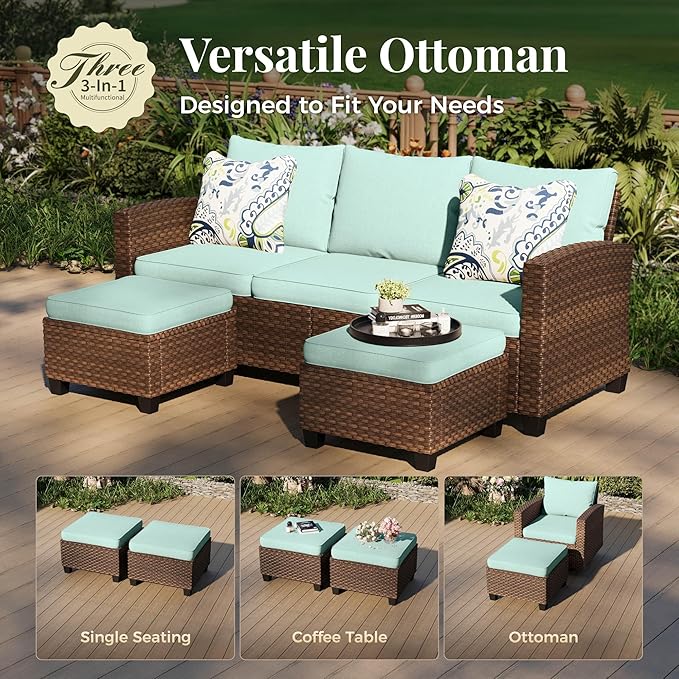 Patio Furniture Set, 7 Pcs Wicker Rattan Outdoor Conversation Set, 2 x Leg Chairs, 1 x 3 Seater Sofa, 1 x 2-Seat Lover Sofa and 2 x Ottomans with 4" Thick Cushion and 32" Fire Pit Table, Blue