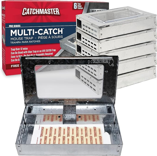Catchmaster Pro Series Multi-Catch Mouse Trap 6-Pack, Humane Mouse Traps Indoor for Home, Includes Replaceable Glue Board, Live Catch Pest Control for Garage & Shed