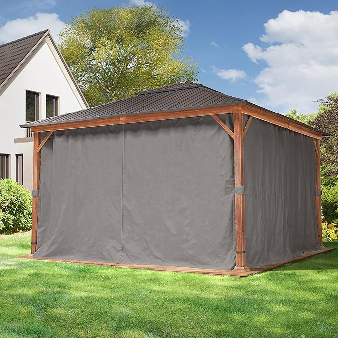 TOOLPORT Hardtop Gazebo 13x13 ft - Wood-Effect Finish - Steel Roof - 4 Side Panels in Gray