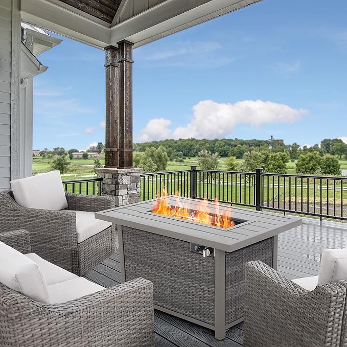 Fire Pit Table, HAPPATIO 42inch 50000 BTU Propane Fire Pit with Metal Fence Table Top, Lid, Black Glass Rock, CSA Safety Certified for Patio Balcony Backyard (Gray)