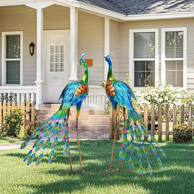 Autodaya 32" Oversized Peacock Decor Set of 2, Hand-Painted Metal Yard Art, Weatherproof Outdoor Garden Statues & Sculptures for Lawn, Flower Beds, Patio, Backyard or Indoor Kitchen & Home Decor