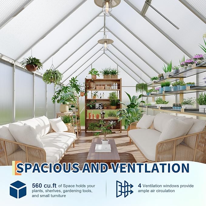 Polycarbonate Greenhouse for Outdoors, Large Walk-InGreenhouse with Quick Setup Structure and Roof Vent, Greenhouse with Ventilation