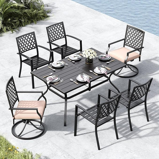 MFSTUDIO Patio Dining Set for 6, Outdoor Table and Chairs Set with Umbrella Hole, 7 Piece Metal Outdoor Dining Set, Patio Furniture Set for Deck Backyard Poolside Garden