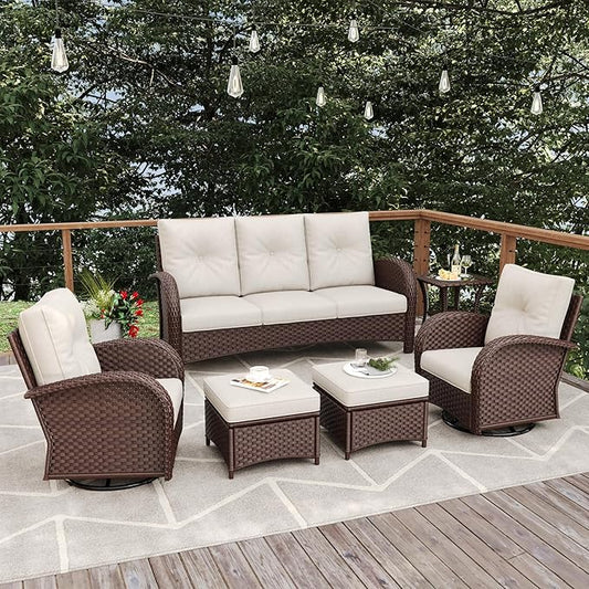 6 Pieces Patio Furniture Sets, Wicker Rattan High Back Outdoor Swivel Rocking Chairs Set with 3-Seat Couch, Ottomans and Side Table