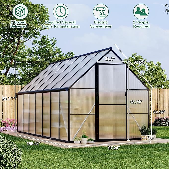 Polycarbonate Greenhouse for Outdoors, Large Walk-InGreenhouse with Quick Setup Structure and Roof Vent, Greenhouse with Ventilation and Rain Gutter