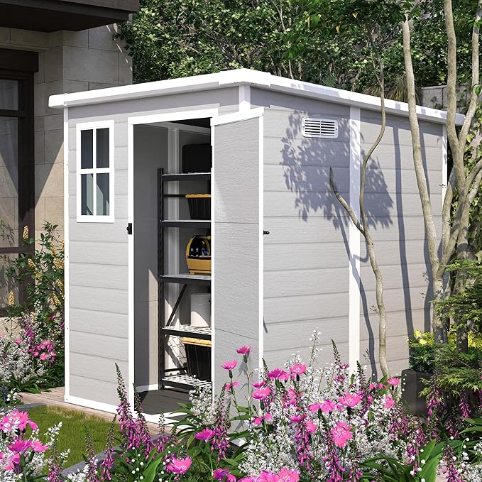 Resin Storage Shed 6x6ft?Outdoor Storage Sheds with Floor, Window, Lockable Doors and Vents, Tool Shed for Bike, Garden, Backyard,Lawn, All Weather Use (Grey, 6 * 6ft)