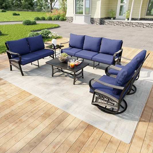 6 Pieces Modern Patio Furniture Set, All Weather Metal Outdoor Conversation Sets with 5.1" Extra Thick Cushion for Backyard Garden Deck Porch Poolside, Blue