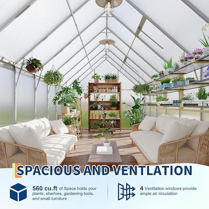 Polycarbonate Greenhouse for Outdoors, Large Walk-InGreenhouse with Quick Setup Structure and Roof Vent, Greenhouse with Ventilation