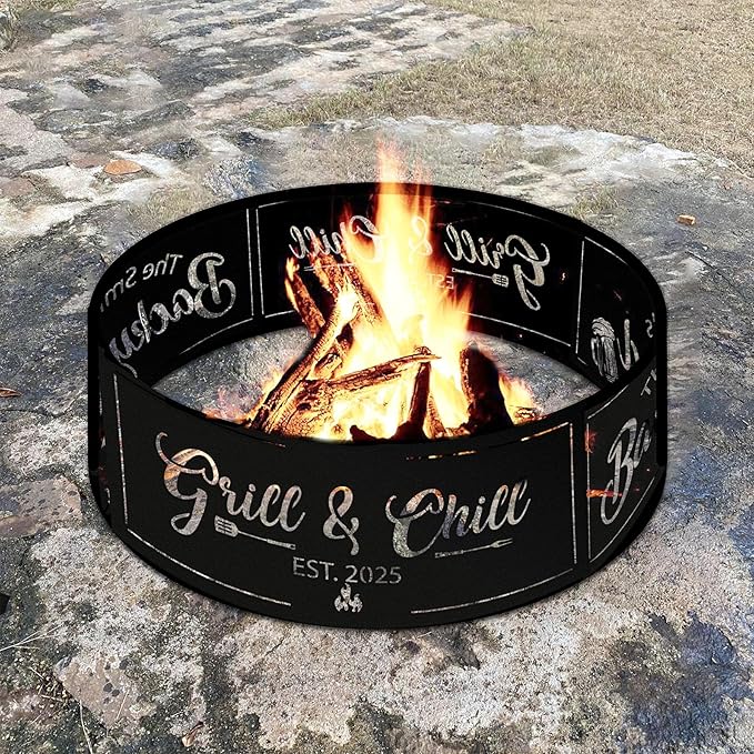 Personalized Grill & Chill Fire Pit Ring 360 Degree, Outdoor Fireplace, Custom Fire Pits for Outside Wood Burning, Patio Firepit, Camping Bonfire Firepits, BBQ Backyard Garden Decor