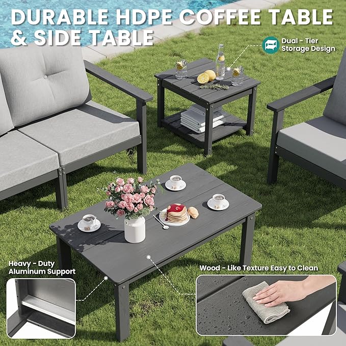 7-Piece HDPE Patio Furniture Set, All Weather Outdoor Couch with Thick Cushions, Wood Grain Outdoor Sectional with 2 Elegant Coffee Table, Durable Patio Conversation Sets for Balcony, Porch, Gray