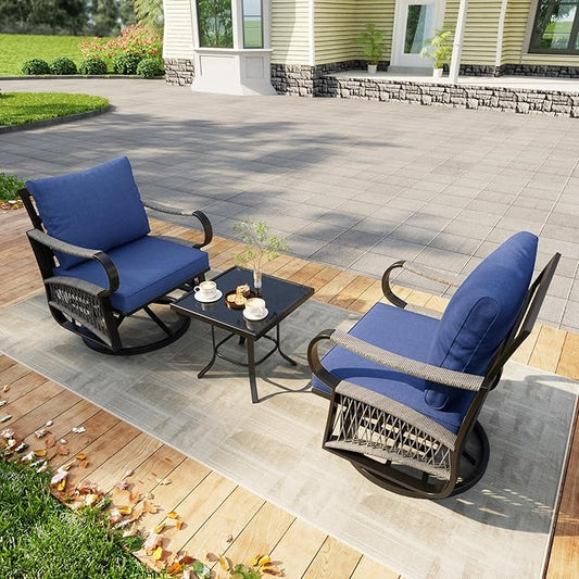 3 Pieces Glider Rocking Chairs, Outdoor Swivel Rocker Chairs with Blue Padded Cushions, Patio Bistro Furniture Set with Side Table for Porch Balcony Backyard Deck Poolside, Blue