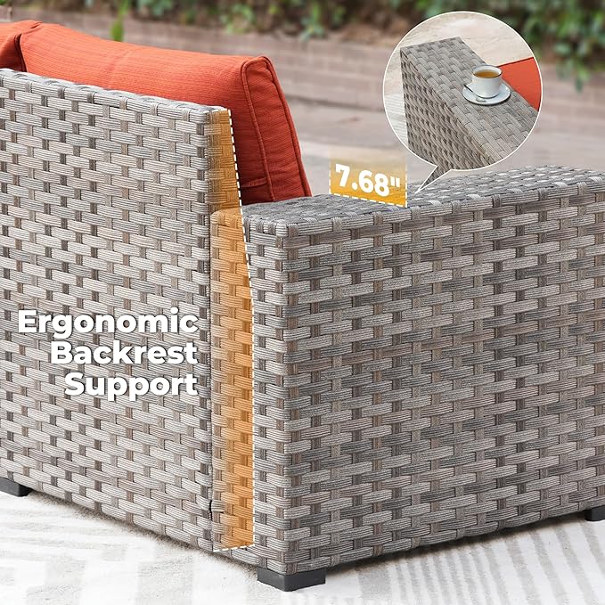 ovios 9 Pieces Patio Furniture Set, Outdoor Wicker Sectional Sofa with 42" Firepit Table Swivel Chair, Modern Modular Deep Seat Rattan Couch Conversation Sets, Orange Red