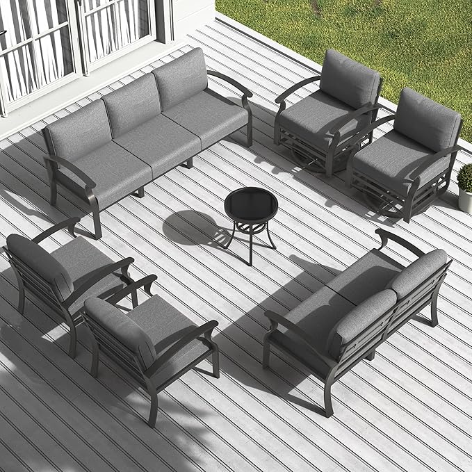 Aluminum Patio Furniture Set, 9 Seats Outdoor Patio Conversation Set with Swivel Chair Modern Metal Patio Sectional Sofa with Upgrade Cushions for Patio, Backyard Grey