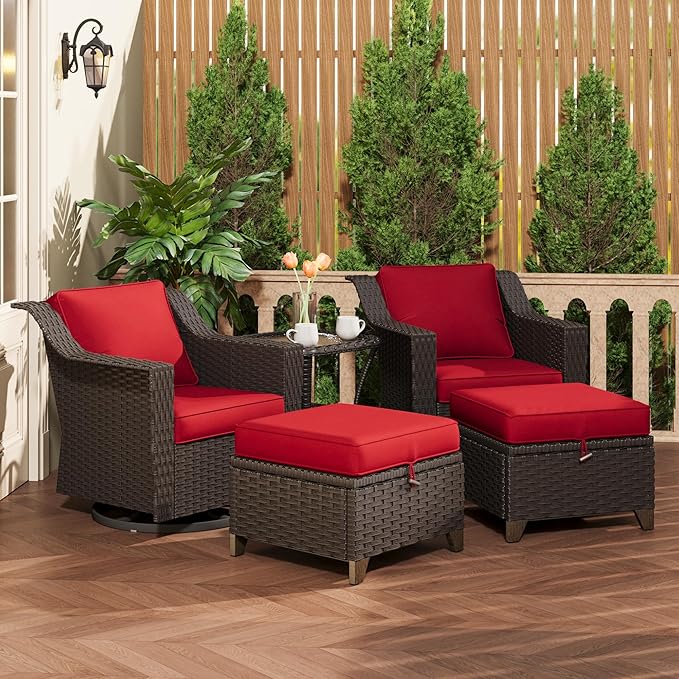 5 Pieces Patio Conversation Furniture Set - Swivel Chairs with Ottomans Set of 2, 1 Side Table, Outdoor Wicker Furniture Set with Washable Cushions for Porch, Balcony, Sunroom (Red)