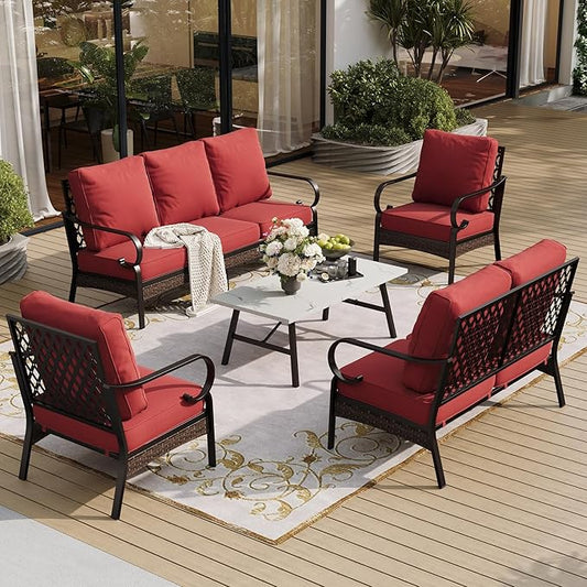5 Piece Metal Outdoor Patio Furniture Set, Patio Conversation Sets with 3-Seater Sofa, Loveseat, 2 Fixed Sofa (5.75" Thick Cushion) & Coffee Table Black Backyard Furniture, Rust Red
