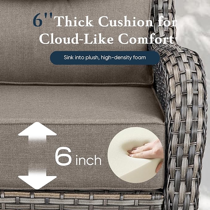 Belord Luxury 6" Thick Cushioned Outdoor Swivel Rocker Patio Chairs with Side Table, 3 Pieces High Back Wicker Furniture Set with Ergonomic Back, Conversation Gliders Set for Deck Porch - Grey+Grey