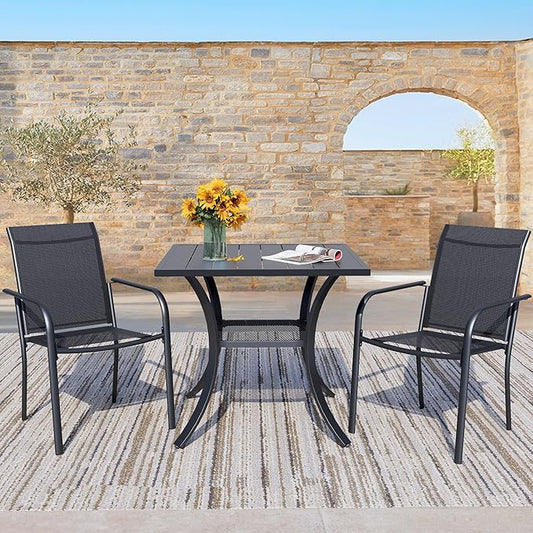 3 Piece Outdoor Dining Set, Patio Table and Chairs Set of 2, 27.6" Black Square Patio Table with 2 Black Stackable Patio Chairs for Lawn, Garden, Porch