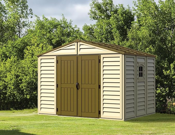 Duramax Woodbridge Plus 10.5 x 8 (8.02 m2) Plastic Garden Shed with 1 Fixed Window & Metal Foundation Kit, Strong Metal Roof Structure Fire Retardant and Maintenance-Free Storage Shed - Ivory/Brown