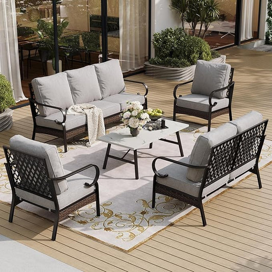 5 Piece Metal Outdoor Patio Furniture Set, Patio Conversation Sets 1 3-Seater Sofa, 2-Seater Sofa, 2 Fixed Sofa with 5.75" Cushion & Coffee Table Black Backyard Furniture, Light Gray