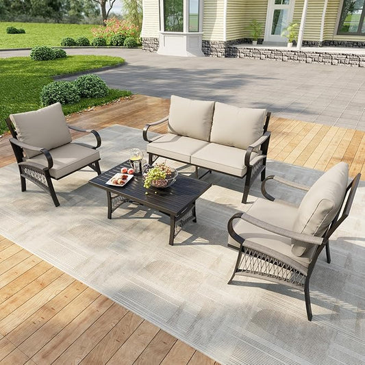 4 Pieces Patio Conversation Sets, Outdoor Furniture with Metal Waterproof 2 Single Chairs with 5" Extra Thick Cushion 1 Loveseat Sofa with Coffee Table, Beige