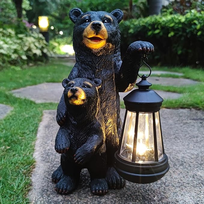 RCTTICUU Black Bear Solar Lantern Garden Statues，Loving Bear Figurine Lights for Outside Decoration ,Lawn Outdoor Decor for Patio,Balcony,Yard-Unique Gift for Grandma Wowen Mom