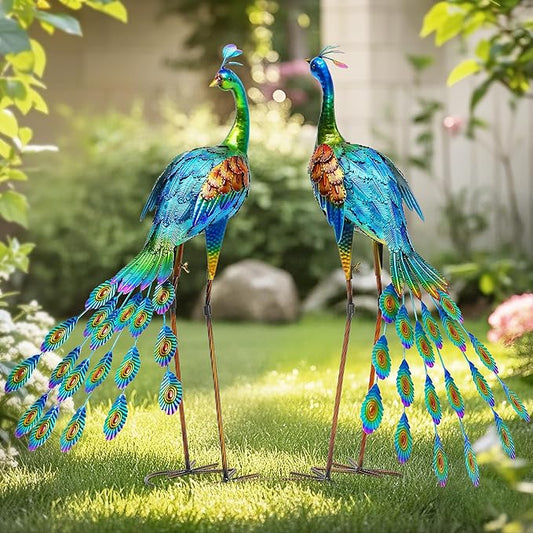 Autodaya 32" Oversized Peacock Decor Set of 2, Hand-Painted Metal Yard Art, Weatherproof Outdoor Garden Statues & Sculptures for Lawn, Flower Beds, Patio, Backyard or Indoor Kitchen & Home Decor