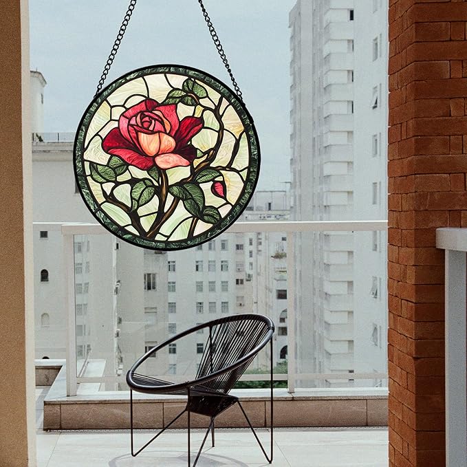 AMDERVEN Stained Glass Window Hanging, Red Rose Flowers Sun Catcher for Door Garden Home Decor Suncatcher Christmas Mother's Day Birthday Gifts for Women Lovers Men Wife Girlfriend Mom Nana 9.8 in