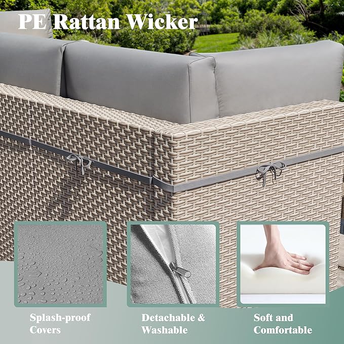 14 Pieces Patio Furniture Set, Outdoor Sectional Wicker Sofa with Thick Cushions and Storage Coffee Table, Rattan Patio Conversation Sets for Deck Yard Poolside, Grey