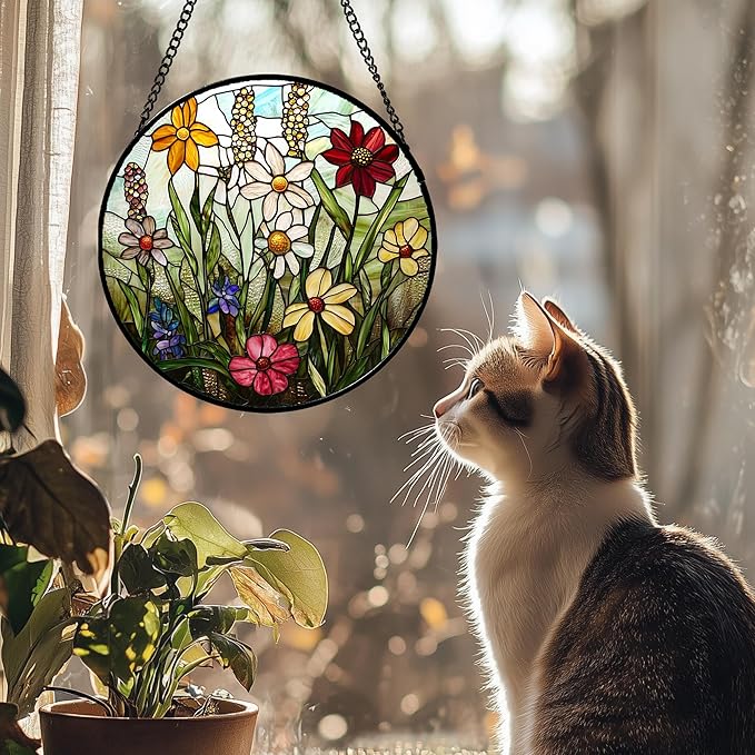 DASTOLL Stained Glass Window Hanging, Colorful Wildflowers Plant Scenery Suncatcher for Doors Window Home White Green Sun Catchers Decor Mother's Day Birthday Gifts for Women, Men Mom 6.3 in