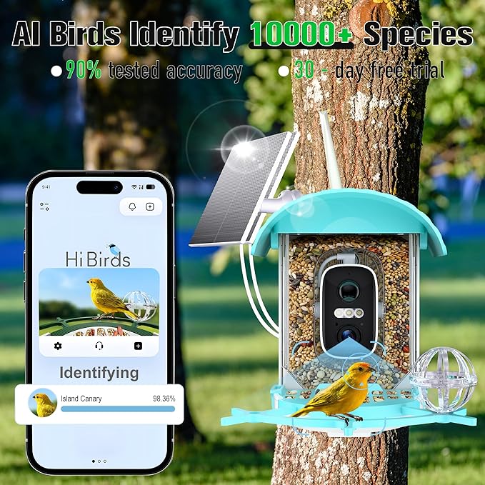 Voxblend Bird Feeder with Camera 3W Solar Powered Panel: Smart Bird Feeder for Outdoors with AI Birds Identify Auto Capture, 2K Live Video, Instant Arrival Alert, Ideal Gift for Parents (Blue)