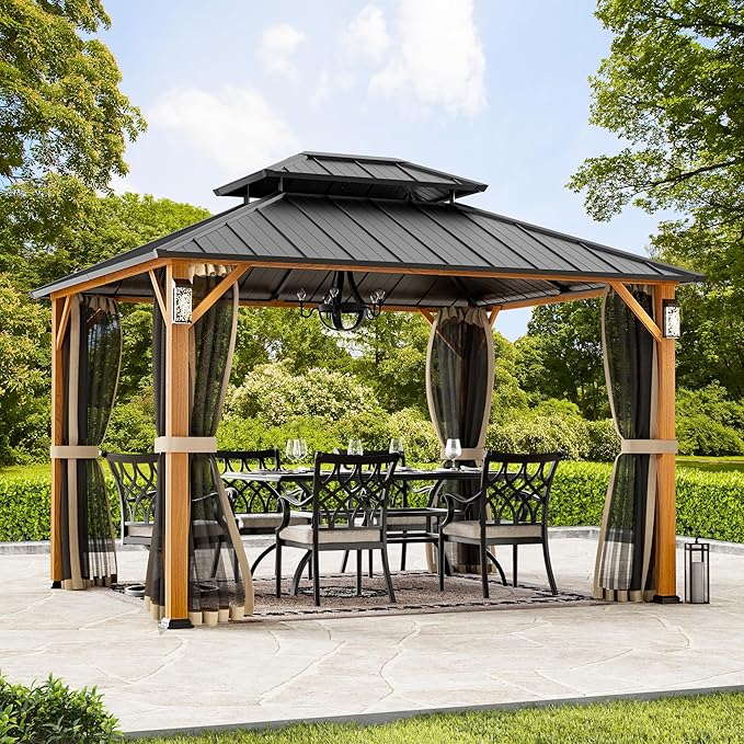 Modern Shade The Horizon Hardtop Gazebo 10' x 12' with 4 LED Lights, Permanent Outdoor Gazebo with Galvanized Steel Double Roof, Grill Pavilion with Decor Hooks, Mosquito Nettings, Wood Grain