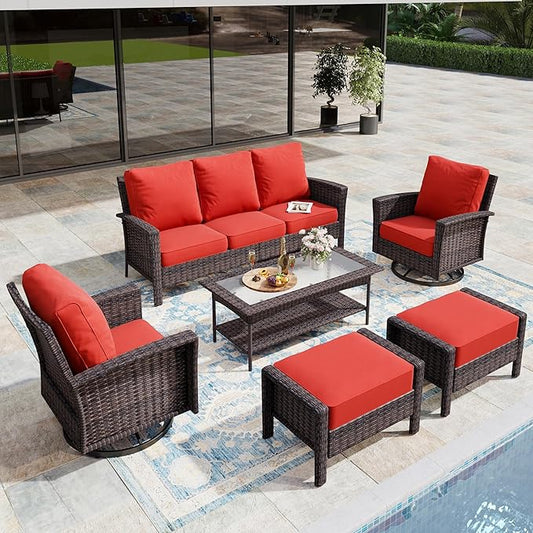 6-Piece Wicker Patio Furniture Set with Swivel Chairs, High Back Outdoor Furniture with 5.5-inch Thick Cushion and Ottoman, All-Weather Wicker Patio Conversation Set for Deck Yard Pool, Red