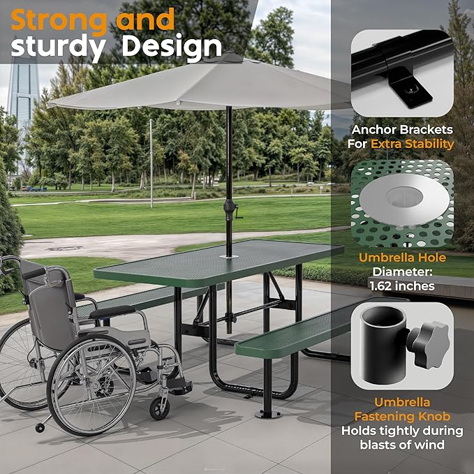 OUTTANS Commercial Heavy-Duty Metal Picnic Table - ADA Compliant, Adjustable Seats, Umbrella Hole (Green, 6' Rectangular, Punched Steel)