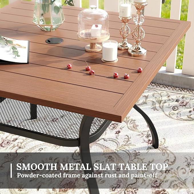 VICLLAX 37.8" Square Outdoor Patio Table, All Weather Metal Outdoor Dining Table for Lawn Garden, Walnut Wood-Like Tabletop