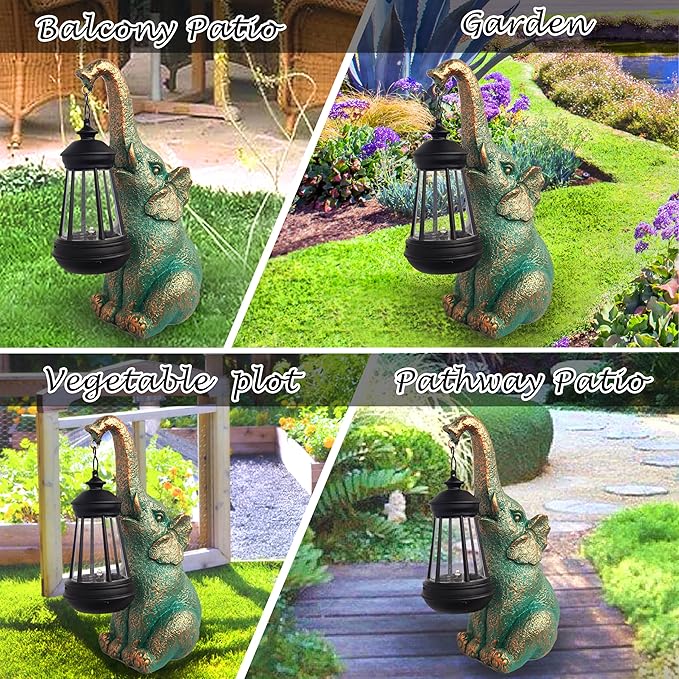 RCTTICUU Elephant Garden Statue Outdoor Décor with Solar Lights Lantern,Elephant Solar Light Figurines Outside Decorations for Yard，Lawn Patio, Balcony, Unique Housewarming Gifts