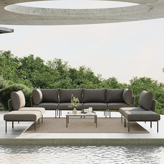 9 Piece Modern Outdoor Rope Wicker Sectional Patio L-Shaped Conversation Sofa Set Deep Seating with Thick Cushions